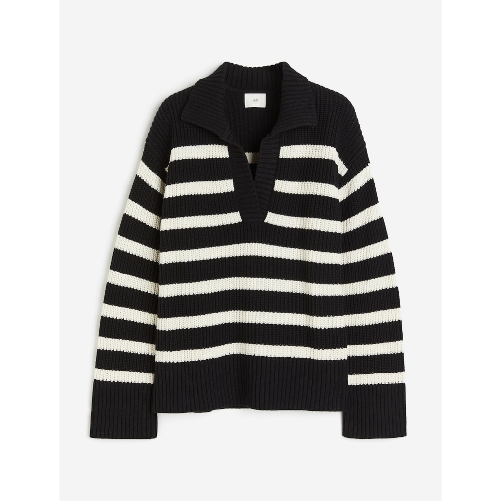 H&M Black/White Striped Chunky Ribbed Knit Polo Sweater Size Small